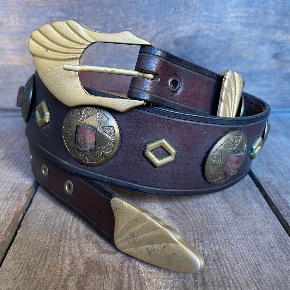 Vintage Concho Belt Southwest Brown Leather Matte Gold Buckle & Tip